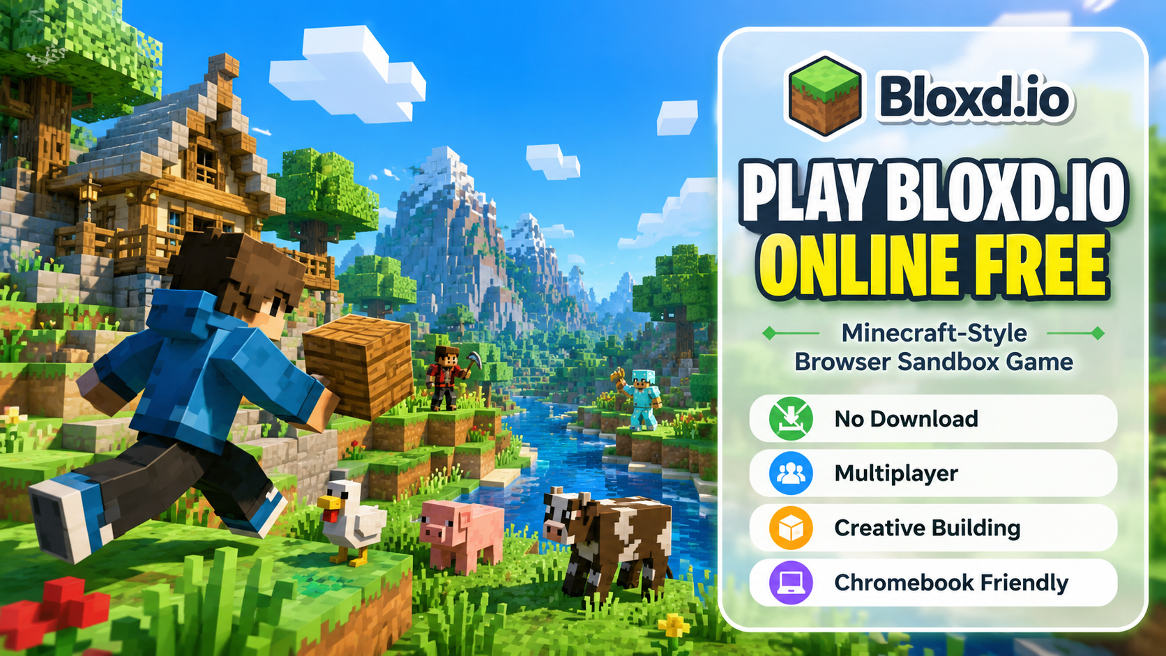 Bloxd.io browser sandbox game featuring creative building, multiplayer exploration, and Minecraft-style voxel gameplay