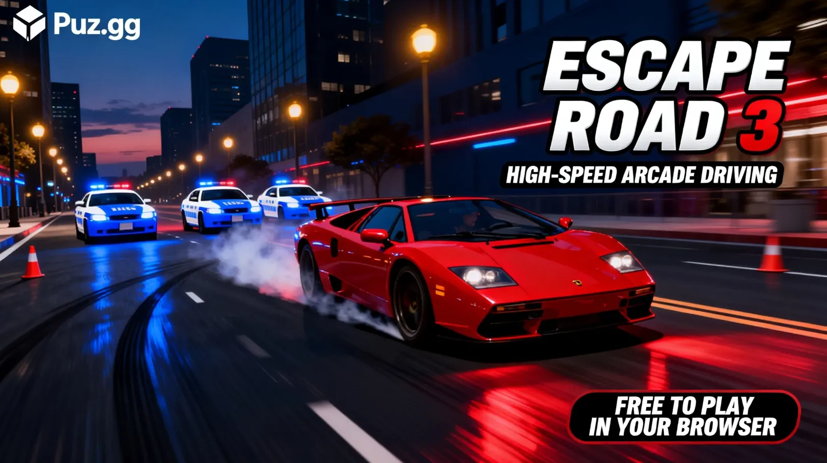 Escape Road 3 gameplay banner featuring a red sports car drifting through a modern city while patrol vehicles follow in a fast-paced browser driving game