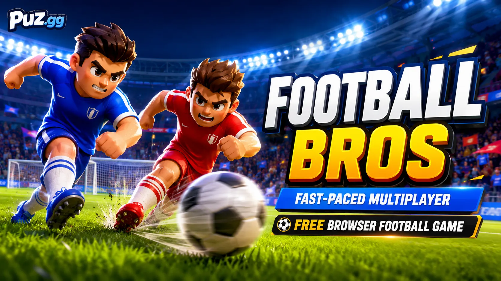 Football Bros promotional banner featuring two arcade-style football players competing for the ball in a fast-paced browser football game